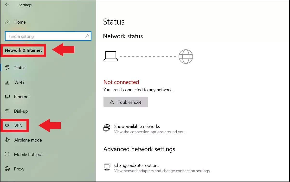 Windows settings: Click “VPN” on the left