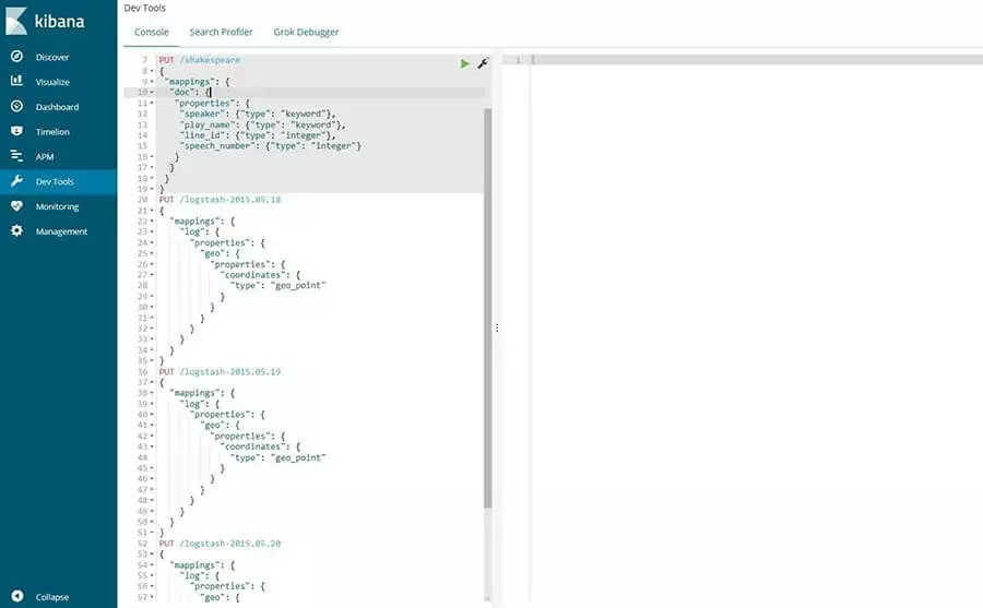 Kibana console: inputting database mappings