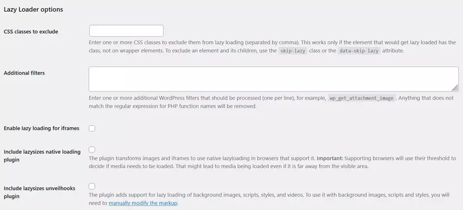 Lazy Loader options in the WordPress media settings