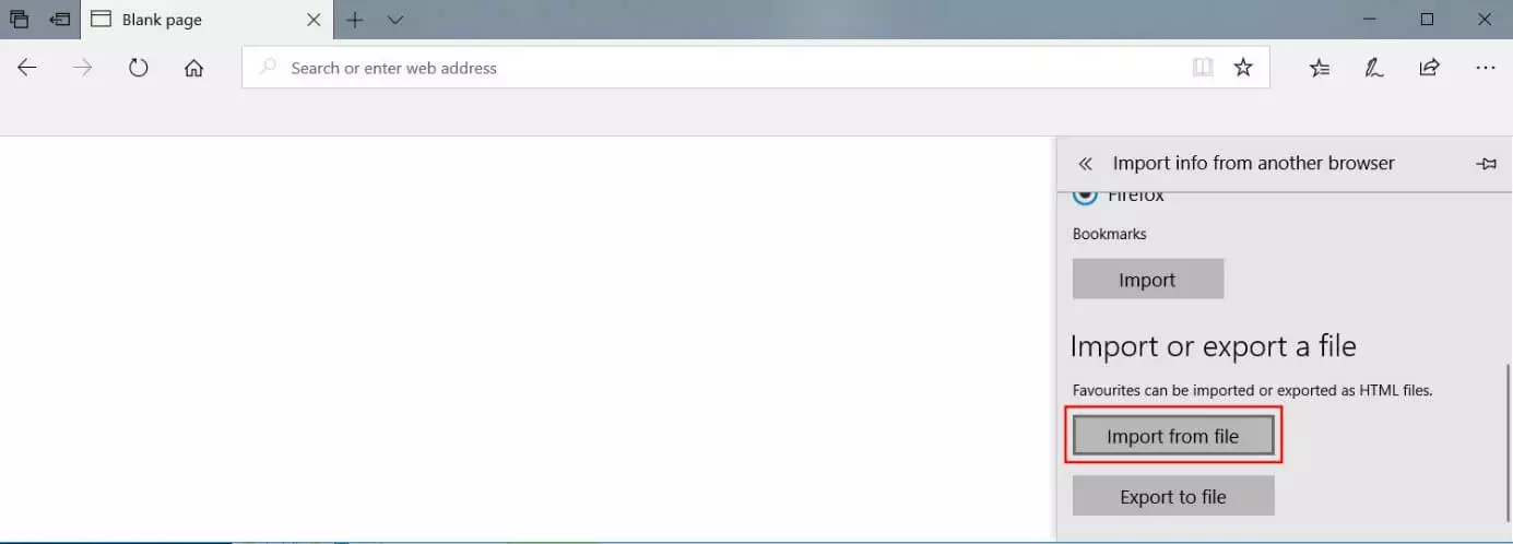 Microsoft Edge: “Import from file” button