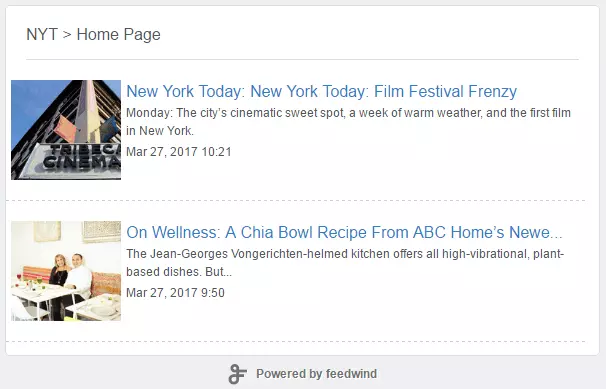 FeedWind preview function shows news for the NYTimes