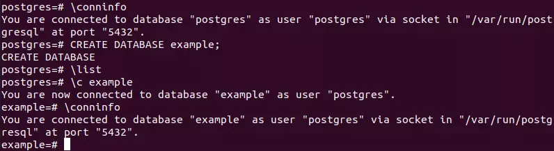 Entries to create a new PostgreSQL database and switch to it with the given command in the Ubuntu 20.04 terminal