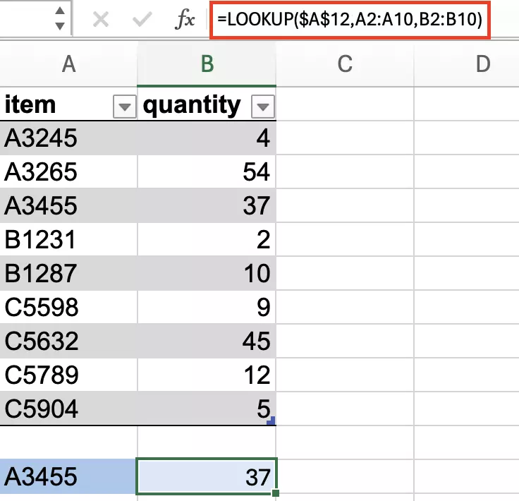 LOOKUP in Excel: Example of a search formula