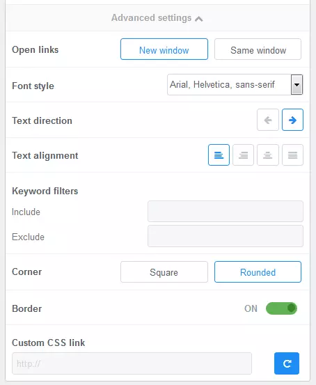 FeedWind menu: Advanced settings