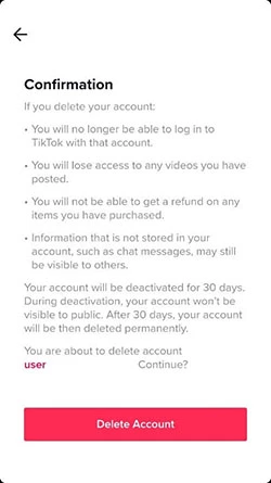 Confirmation box about deleting your TikTok account