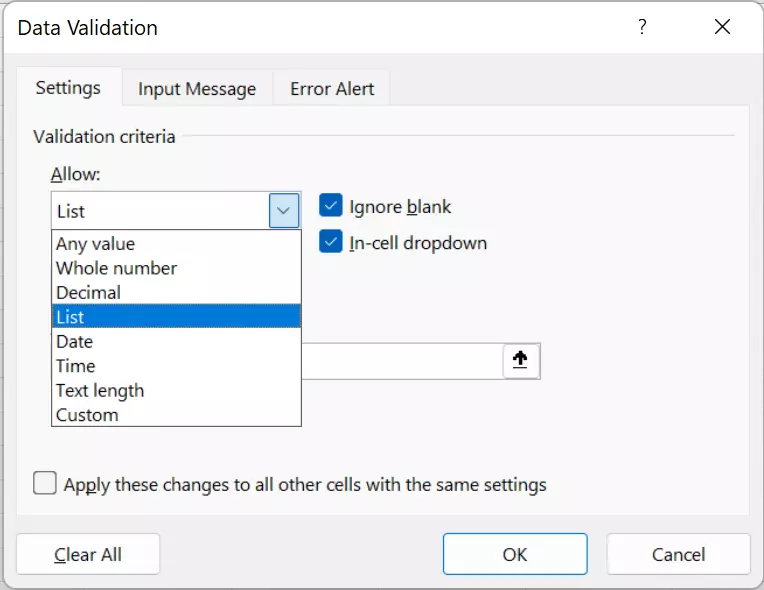 Data validation menu for creating drop-down lists in Excel