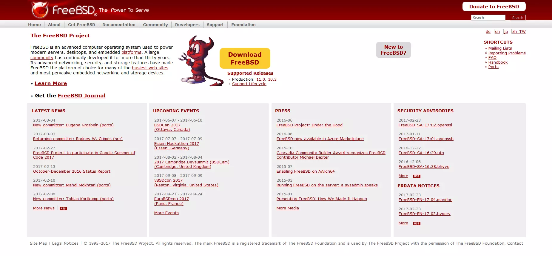 The homepage of the open source project, FreeBSD