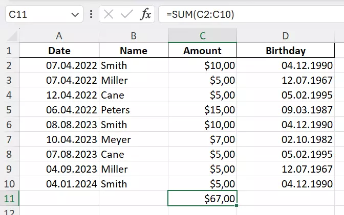 Screenshot of the SUM function in Google Sheets