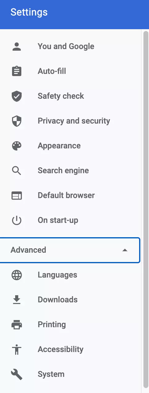 Settings in Google Chrome