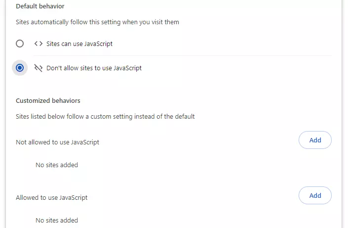 Google Chrome: JavaScript settings