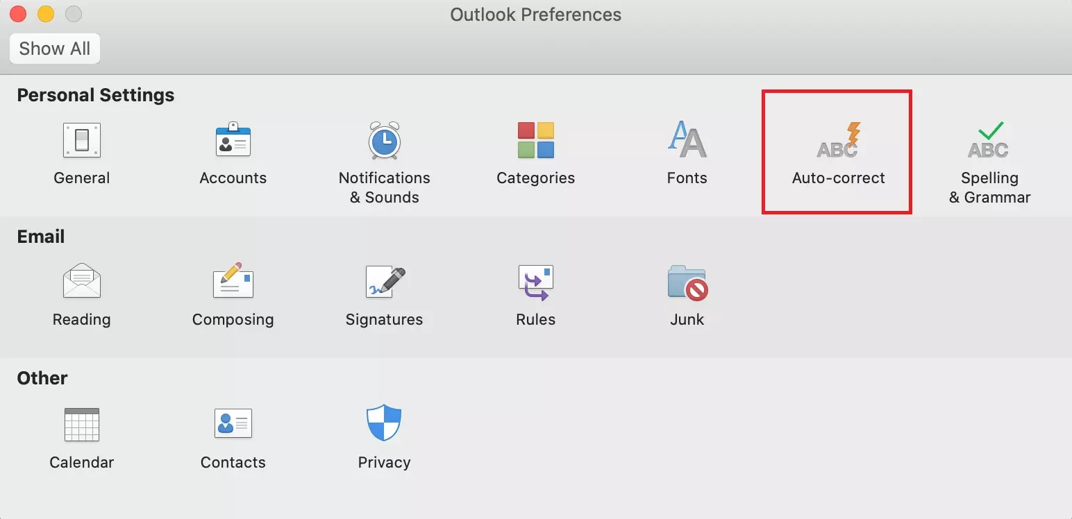 Outlook for Mac: “Auto-correct” menu item in Preferences