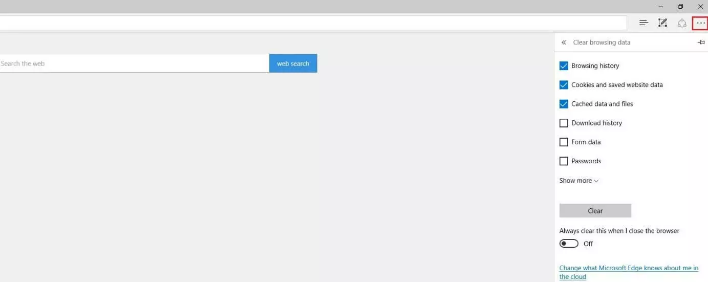 Menu in Microsoft Edge: delete browser data