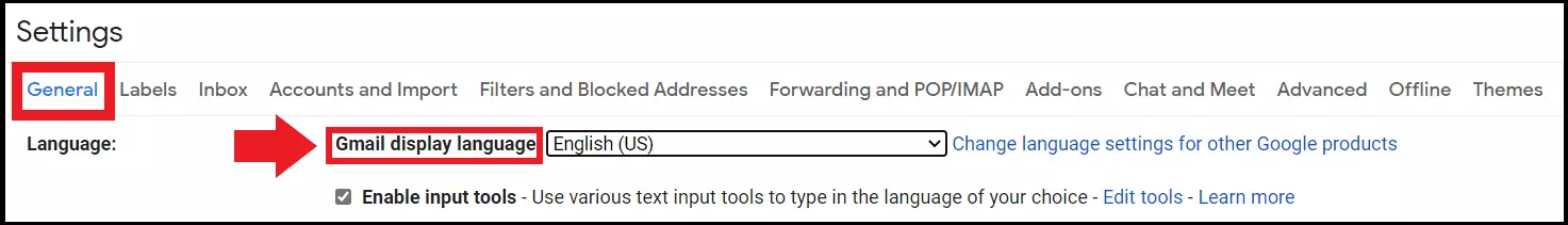 The “General” tab and the “Gmail display language” item