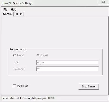 ThinVNC: server configuration menu