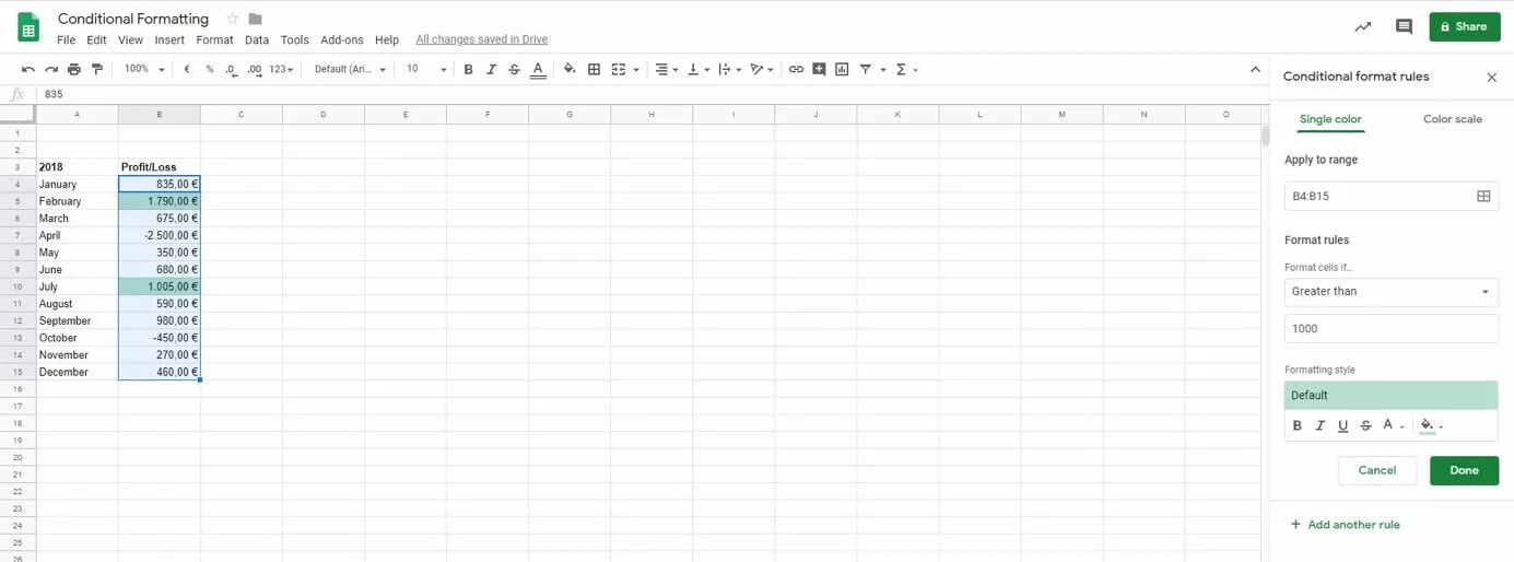 Google Sheets: Conditional formatting (rules)