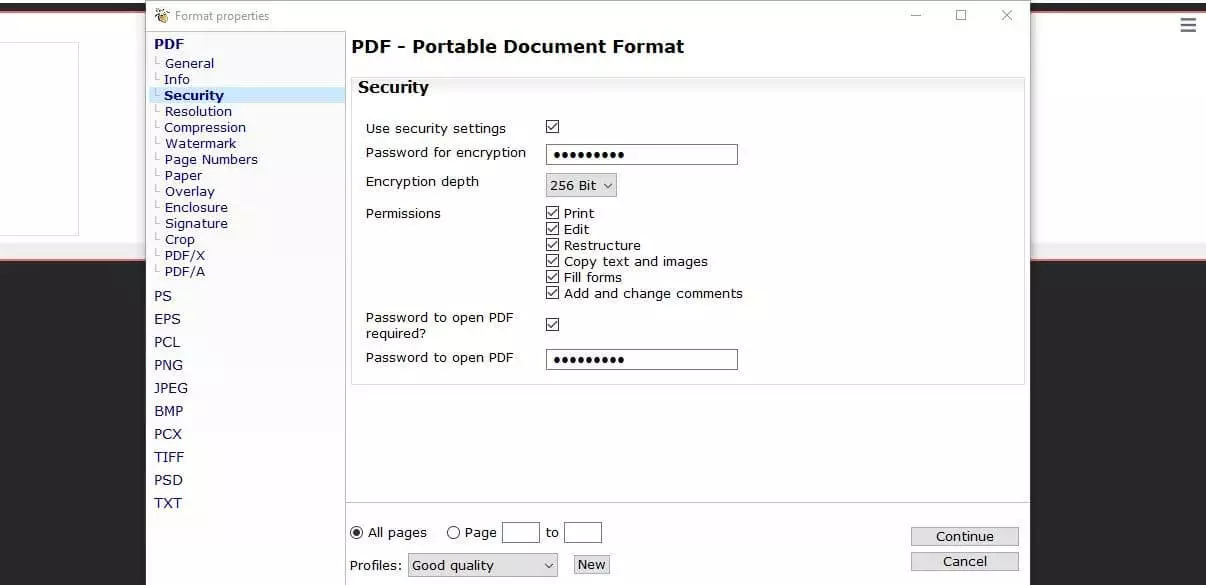 Security settings in PDF24 Creator