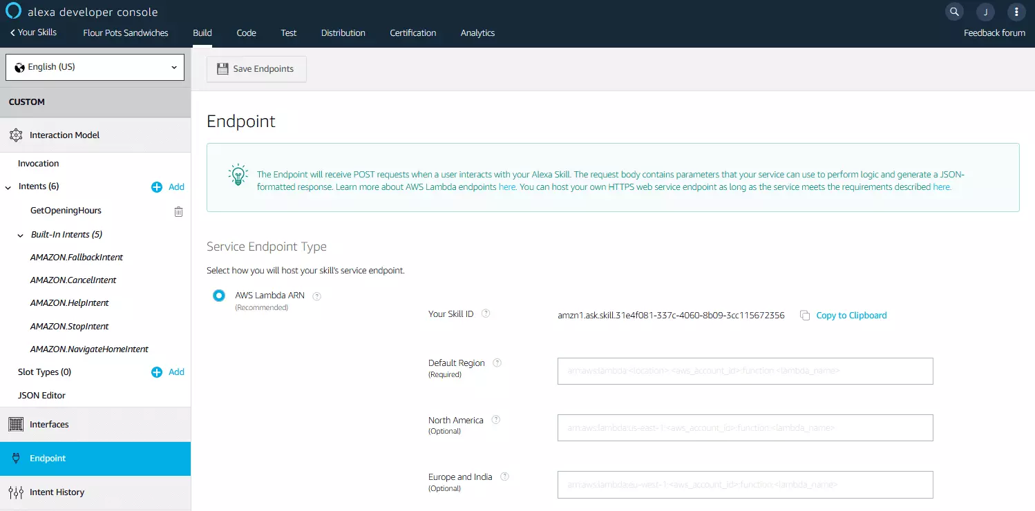 Alexa Developer Console: web service endpoint selection