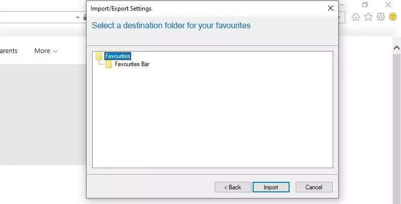 Importing Internet Explorer favorites: Selecting the destination folder