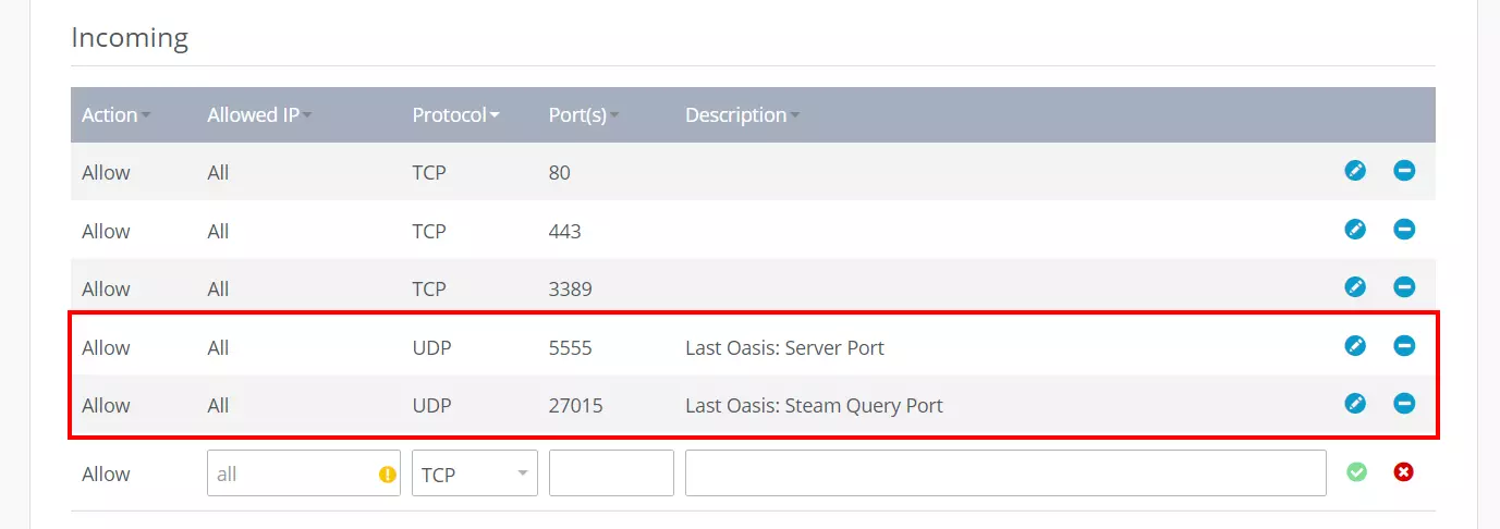 Last Oasis server: port release in IONOS Cloud Panel