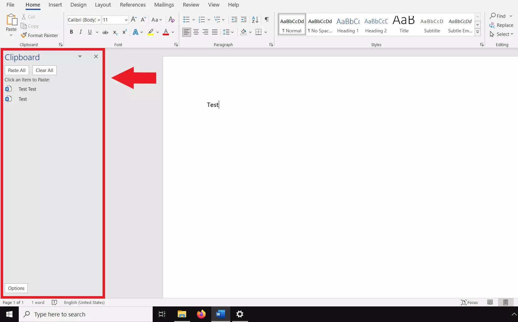 Open clipboard in Word to the left of the document area