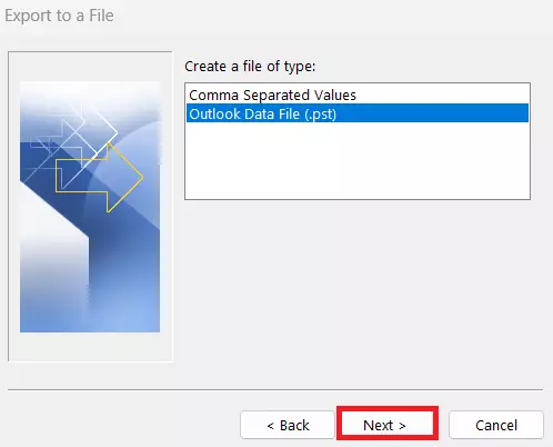 Outlook Import and Export Wizard: Export to PST file