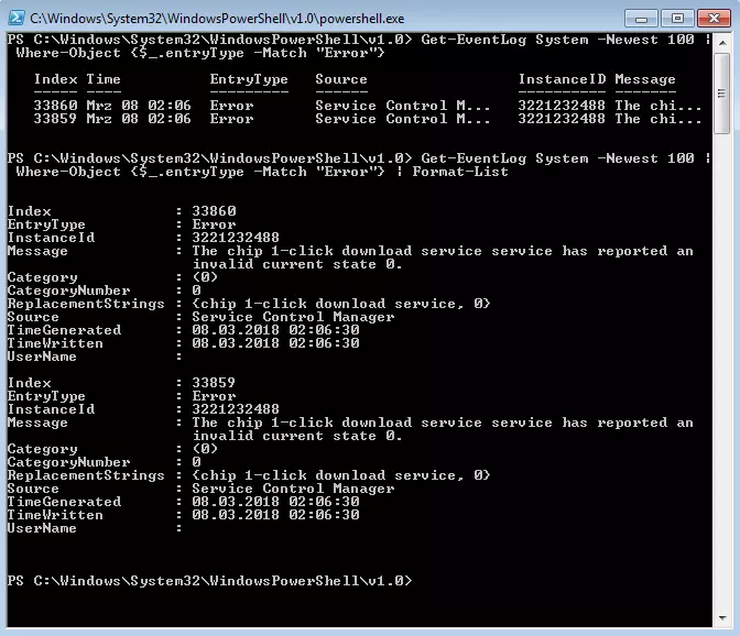 Results of the Get-EventLog System -Newest 100 pipeline| Where-Object {$_.entryType -Match "Error"} and Format-List