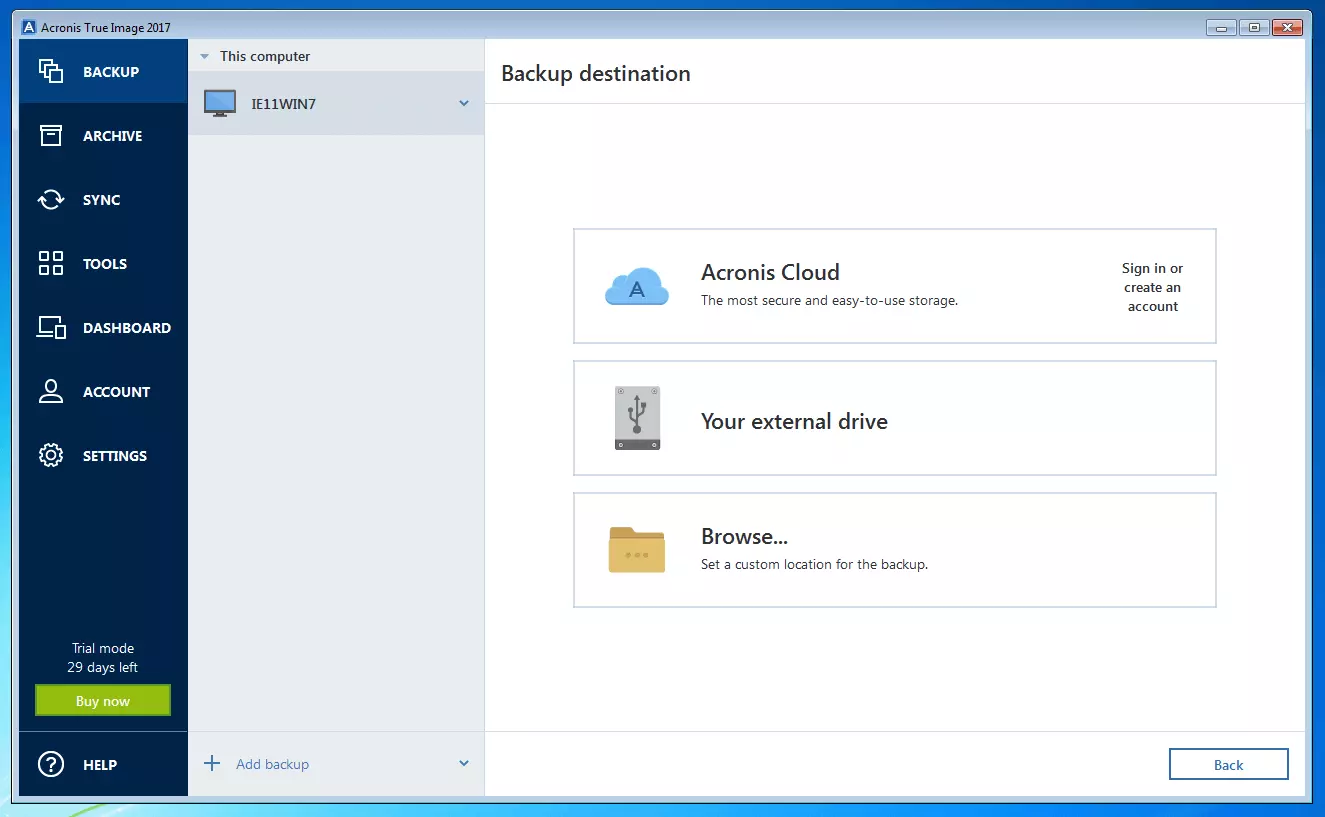 Acronis True Image 2017: Backup destination selection menu