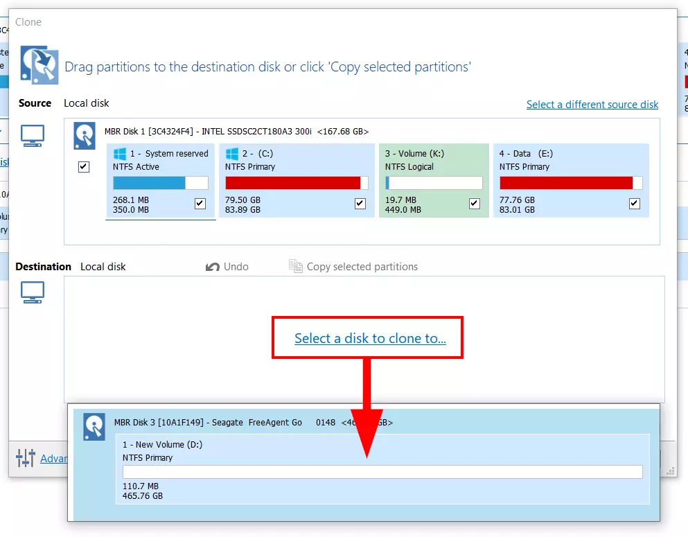 Macrium Reflect: Destination hard drive selection menu