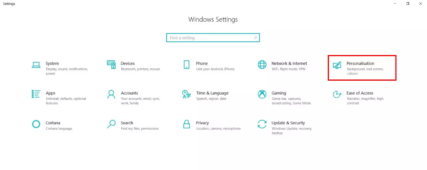 Windows settings: “Personalization” option