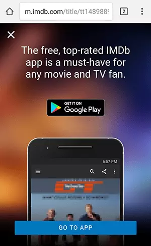 screenshot of an interstitial on imdb.com advertising the related app.