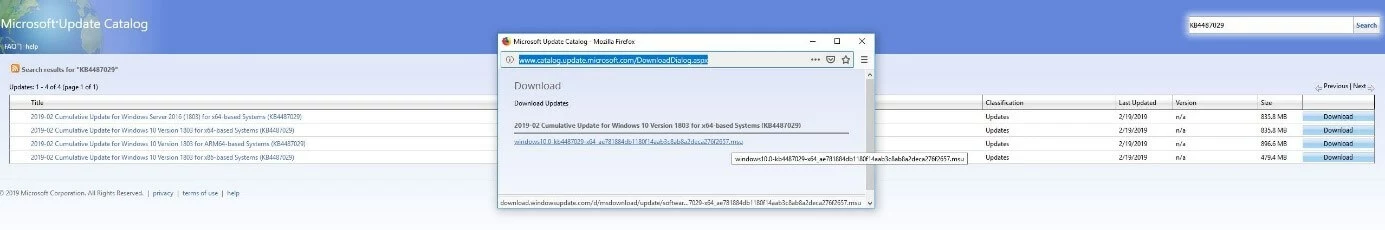 Search results in the Microsoft Update Catalog