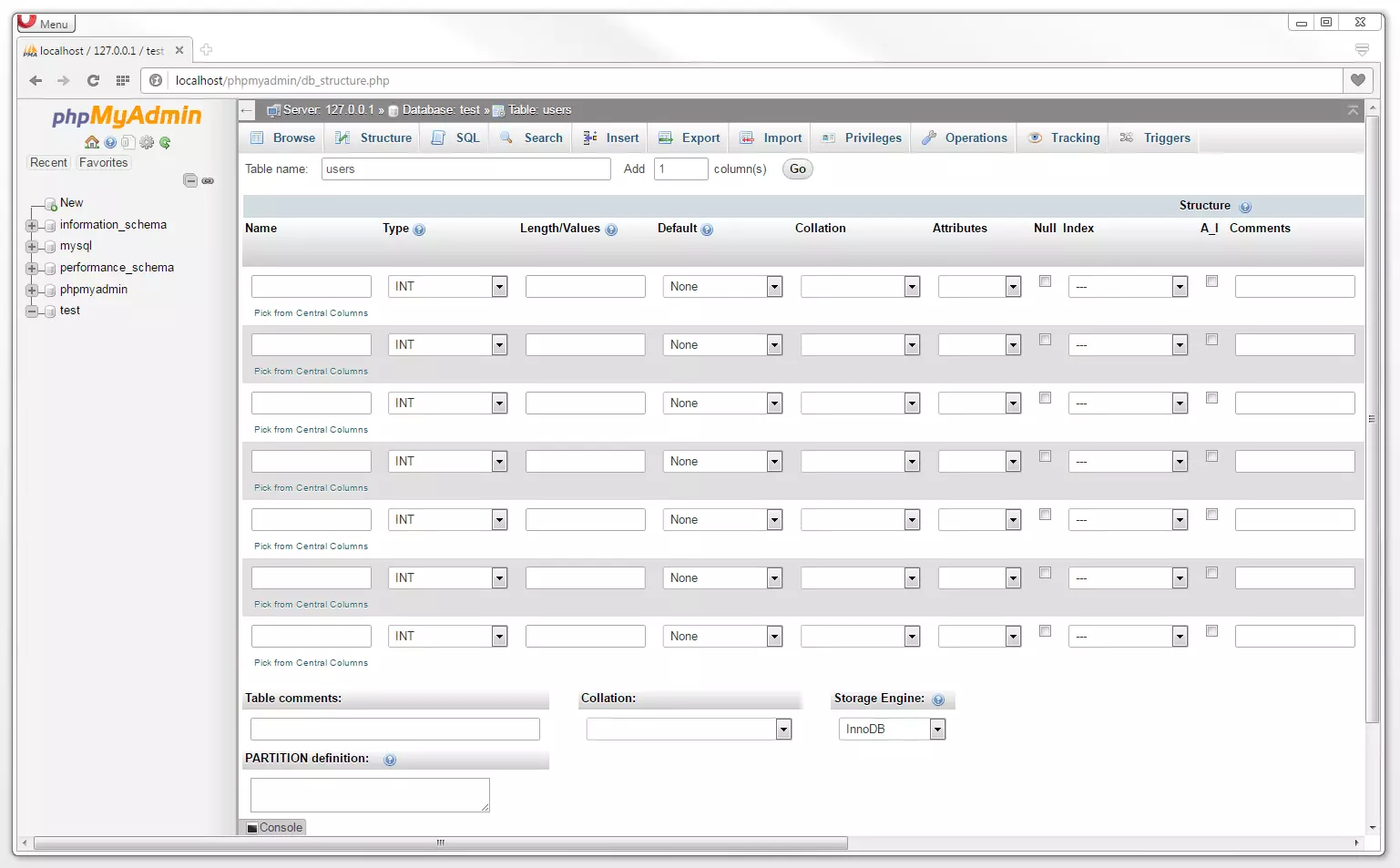 The example table users with seven columns