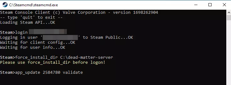 Installing the Dead Matter server in SteamCMD