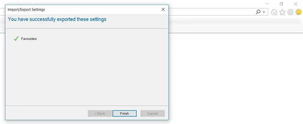 Internet Explorer: Success message for Bookmarks export