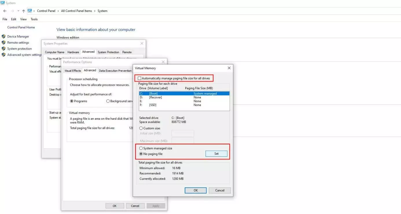 Virtual memory settings in Windows 10