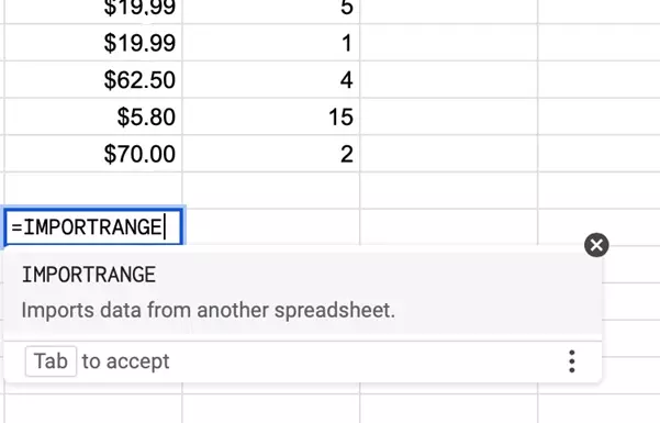 Screenshot of the IMPORTRANGE function