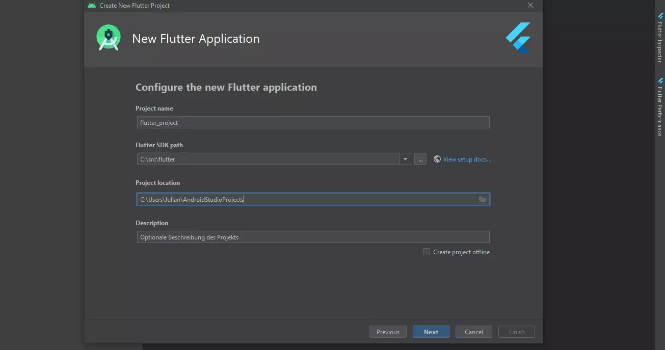 Android Studio: configuring a new Flutter app