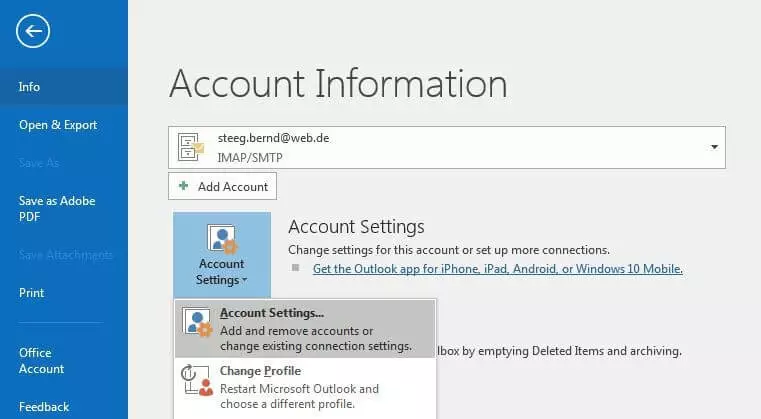 Account Information in Outlook 2016