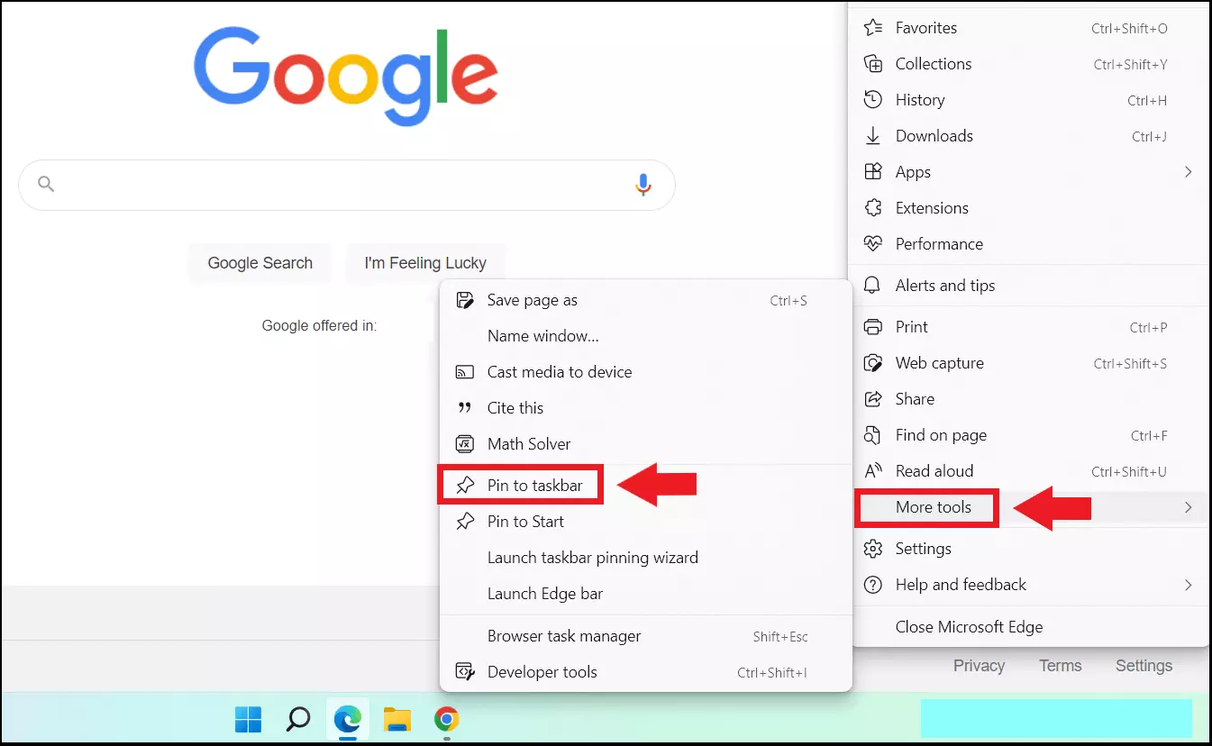 The “Pin to taskbar” option in “More tools”