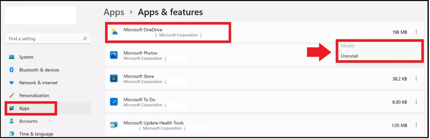 The list of apps in the “Apps and features” menu in Windows Settings