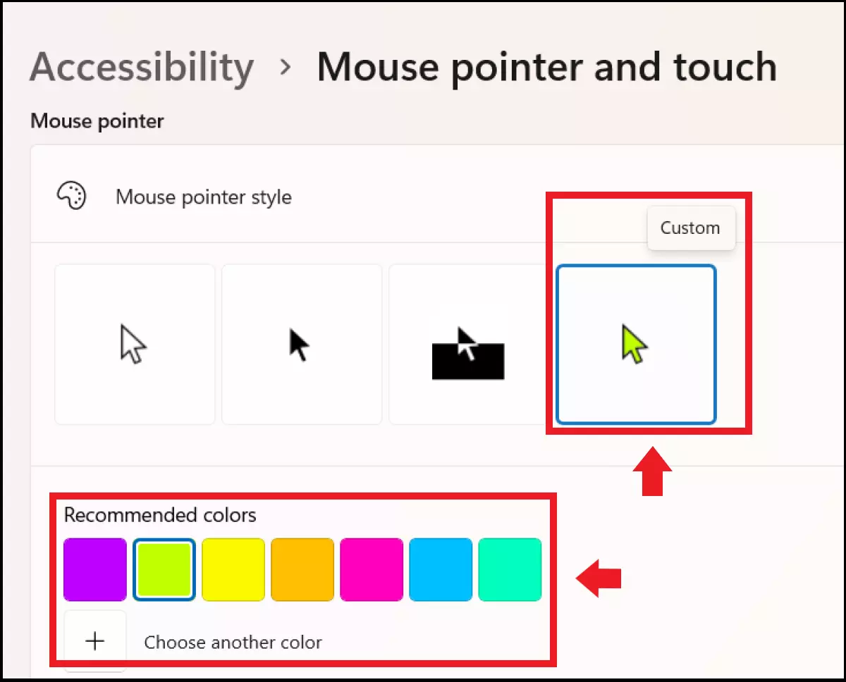 Color options for the cursor in the “Mouse pointer” menu