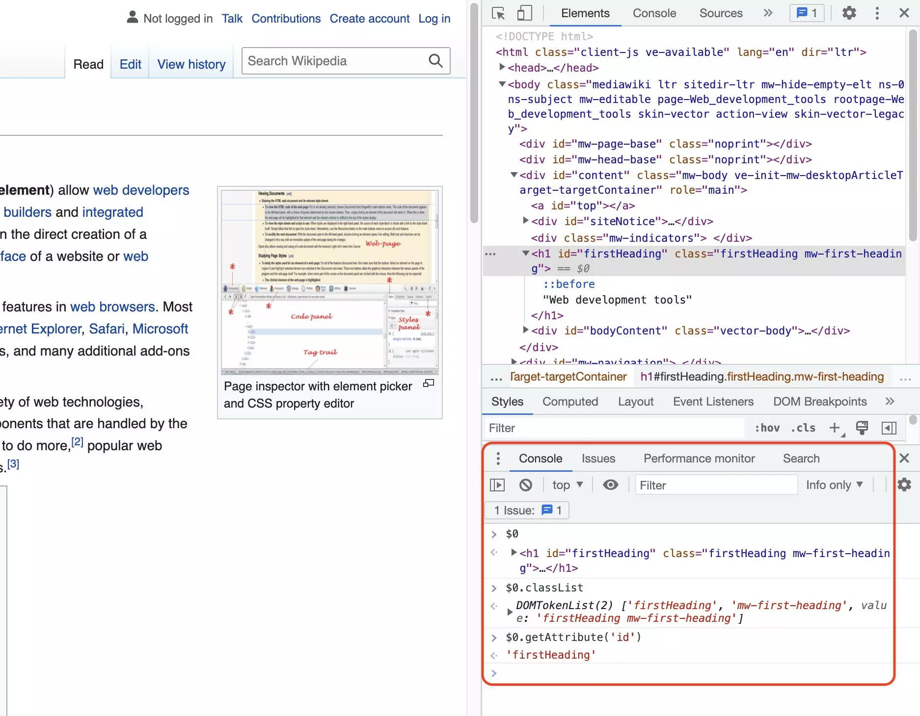 The inspected element in the JavaScript console