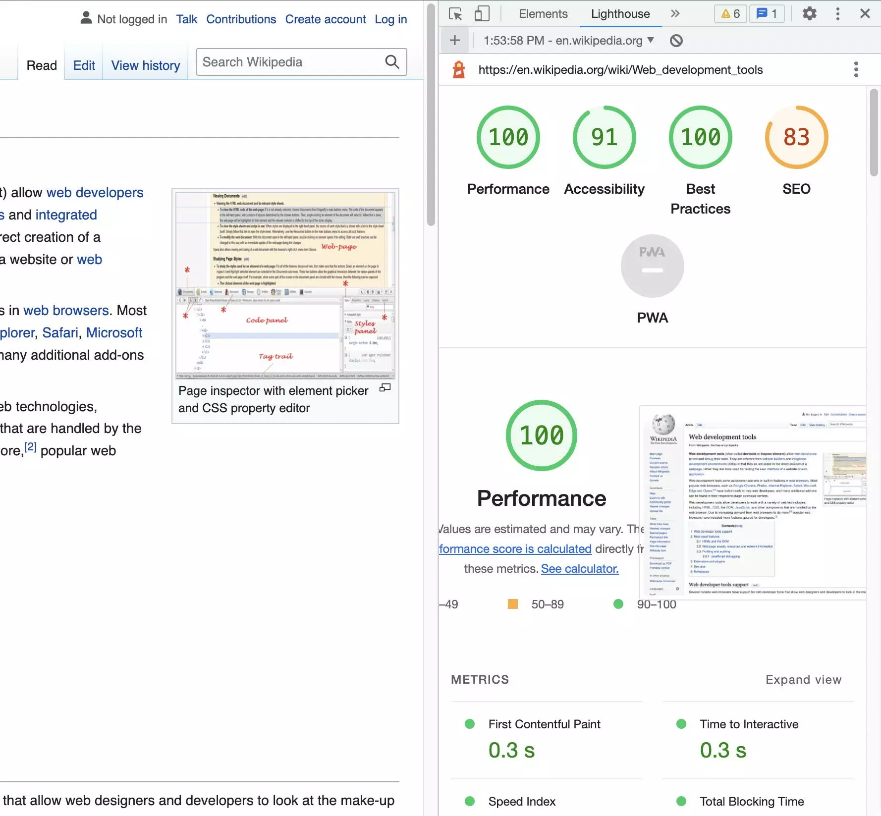 Results of the Lighthouse audit in Chrome Developer Tools