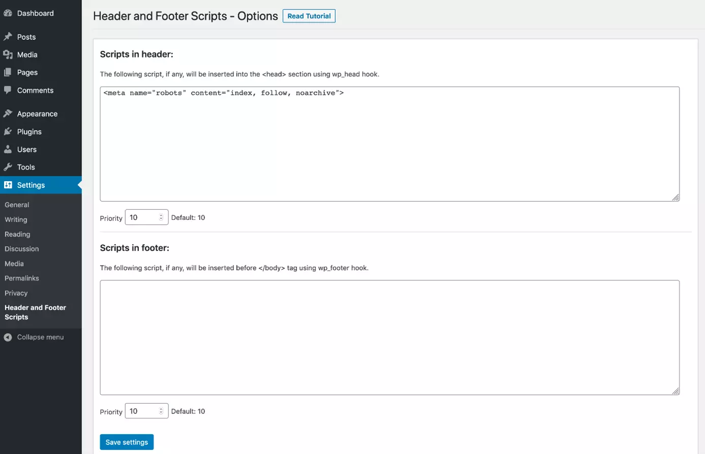 Insert robots meta tag in HTML head