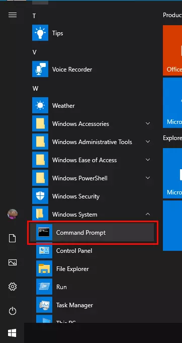 Command Prompt in the Start menu