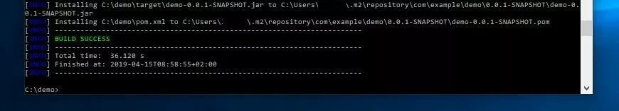 Windows command prompt window: generating the JAR file with Maven