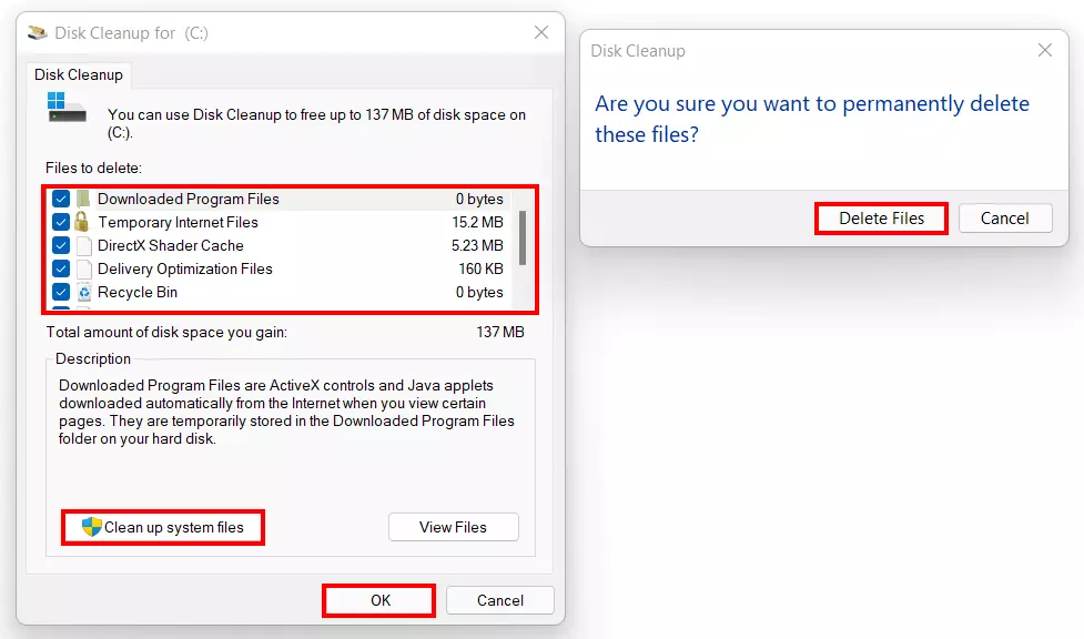 Windows 11 Disk Cleanup with selection of files to be deleted