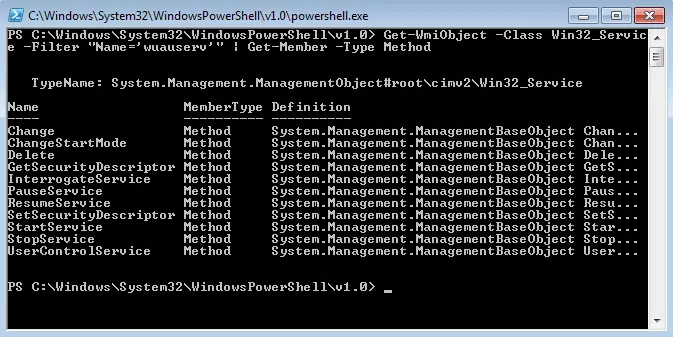 Results of the pipeline Get-WmiObject -Computername -Class Win32_Service -Filter "Name='wuauserv'" | Get-Member -Type Method