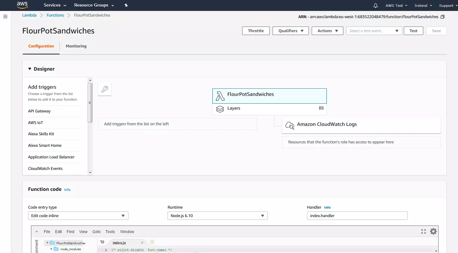 AWS Management Console: configuration overview of the Lambda function