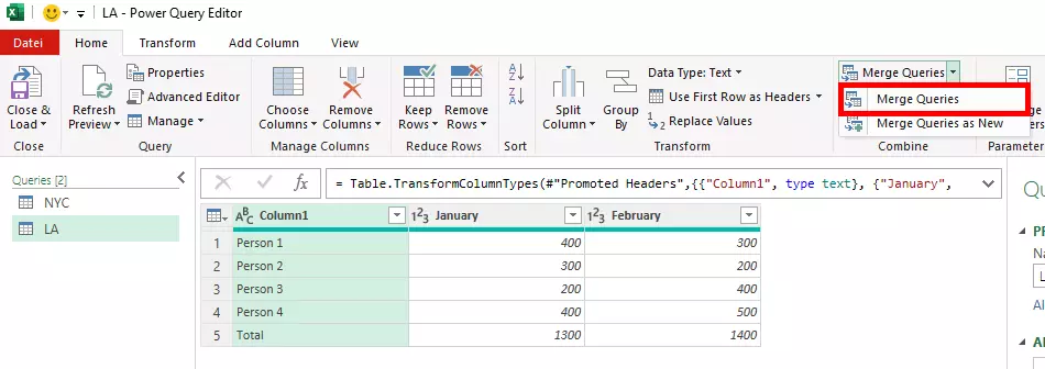 Go to “Combine” and “Merge Queries” in the menu